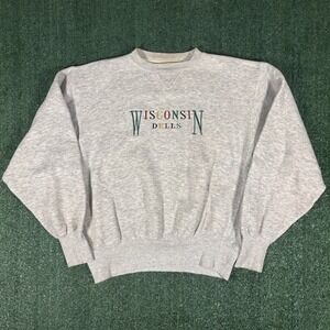 Vintage 90s Mens Medium Spell Out Wisconsin Dells Crewneck Sweatshirt Gray